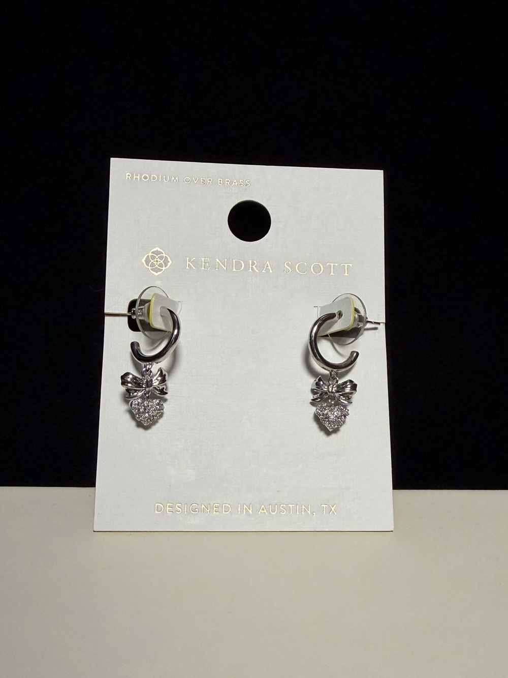 Kendra Scott NWT Rhodium Over Brass Crystal Bow Heart Huggie Hoop Earrings
